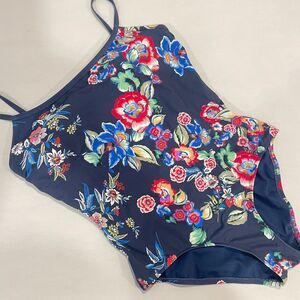 ~ Johnny Was Lg Swimsuit 1-Piece Navy Floral Tank Lace-Back Strappy Large 10/12